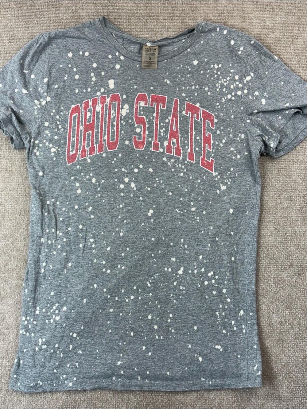 Ohio State Gray Splatter Bleach Tee with Red Lettering